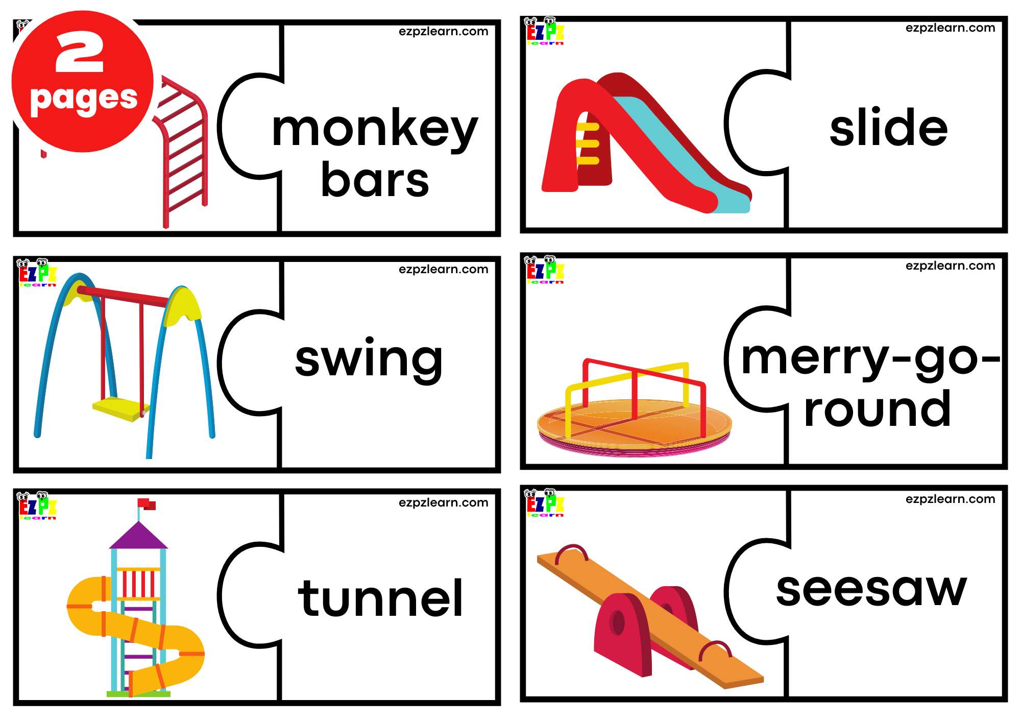 Playground Puzzle Match Game. Large Size 6 Words per page. Free PDF Download